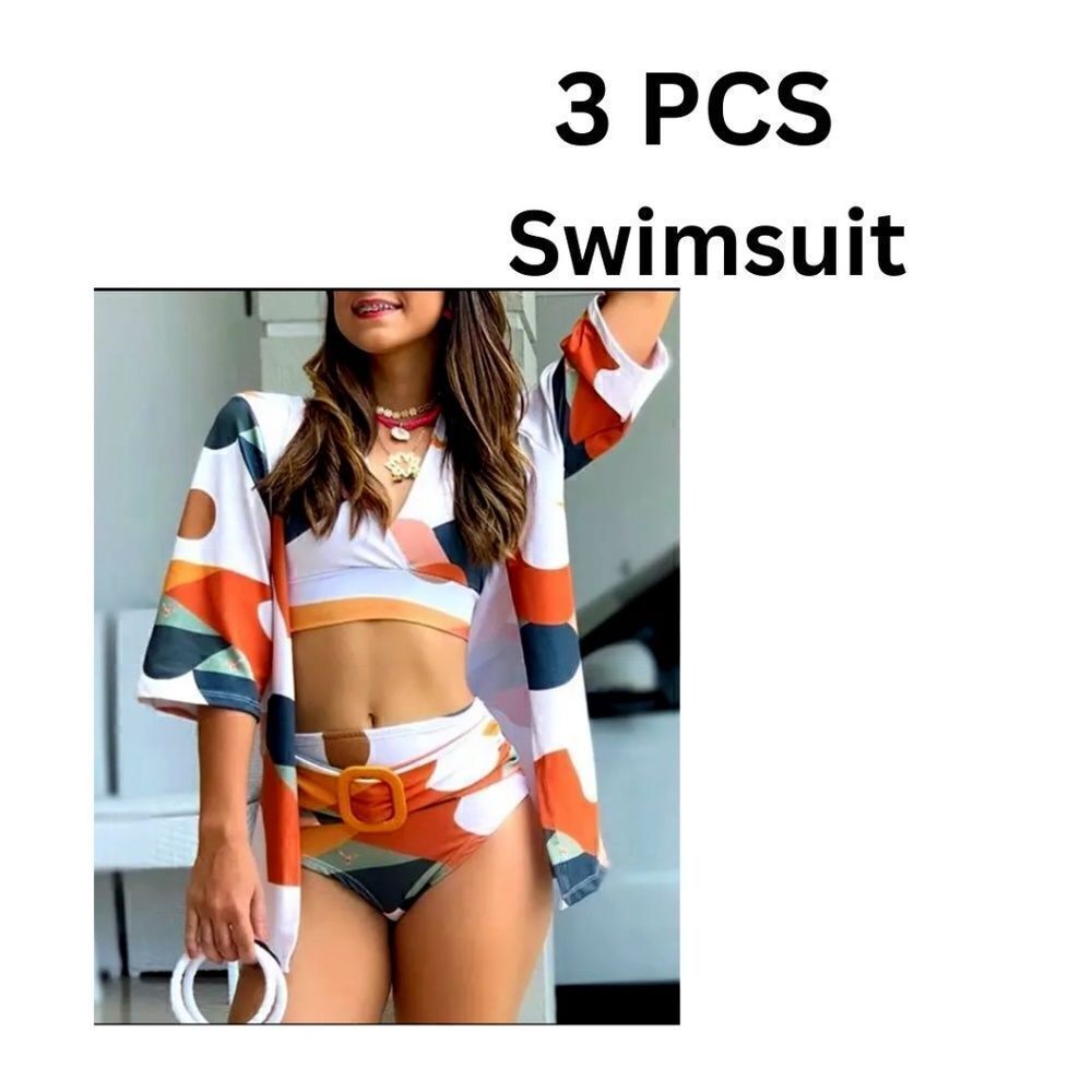 28-3 piece swim set, bikini and short cover up. Halter Top, High Waist Bottoms